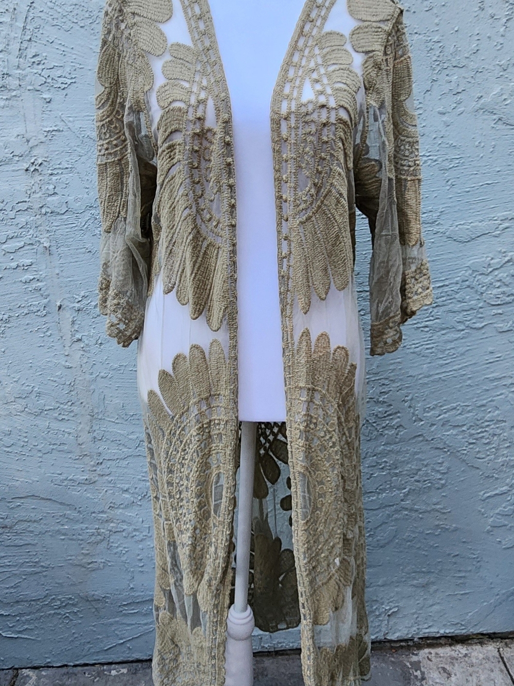 Rebellion Again Olive Green Lace Mesh Duster Kimono Cardigan Boho L